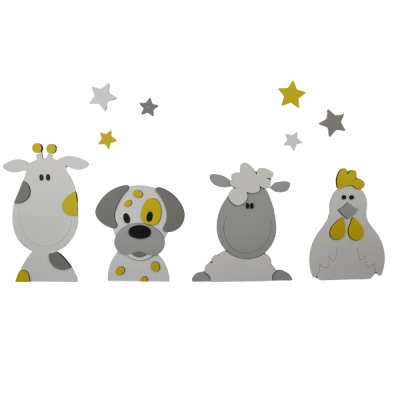 Boerderijdieren (4 stuks): kip-koe-hondje-schaap - grijs met te kiezen kleur (80x30cm) - sterren optioneel